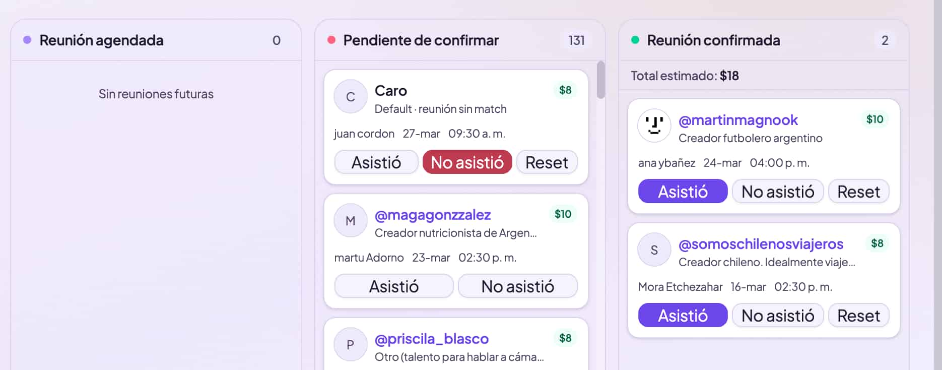 Pipeline de reuniones con creadores