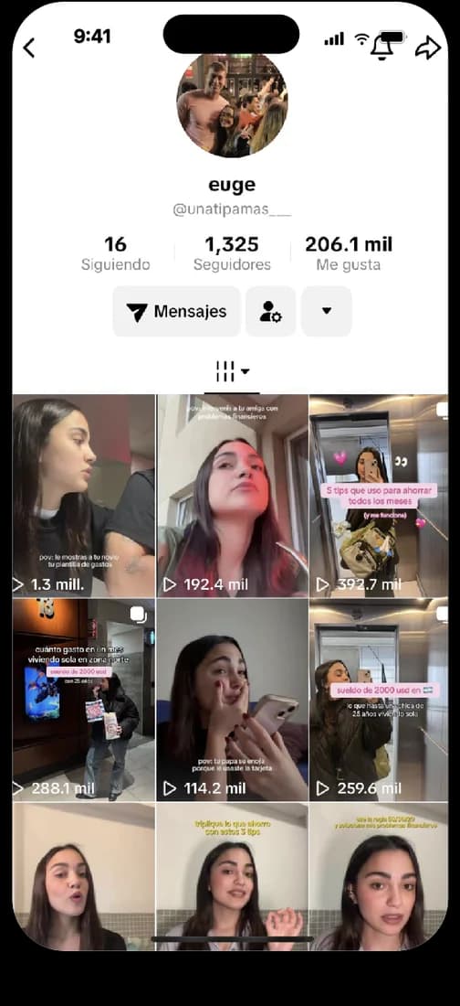 Cuenta de una creadora con su grilla de videos cortos y sus visualizaciones